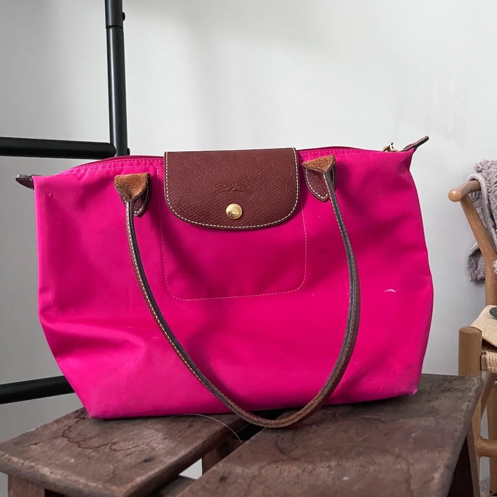 SOLD Longchamp Le Pliage Tote bag in Bright Pink and brown Leather